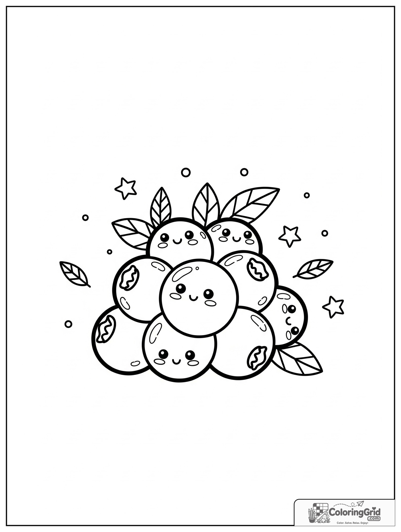 Cute blueberry cluster with small star and leaf decorations.