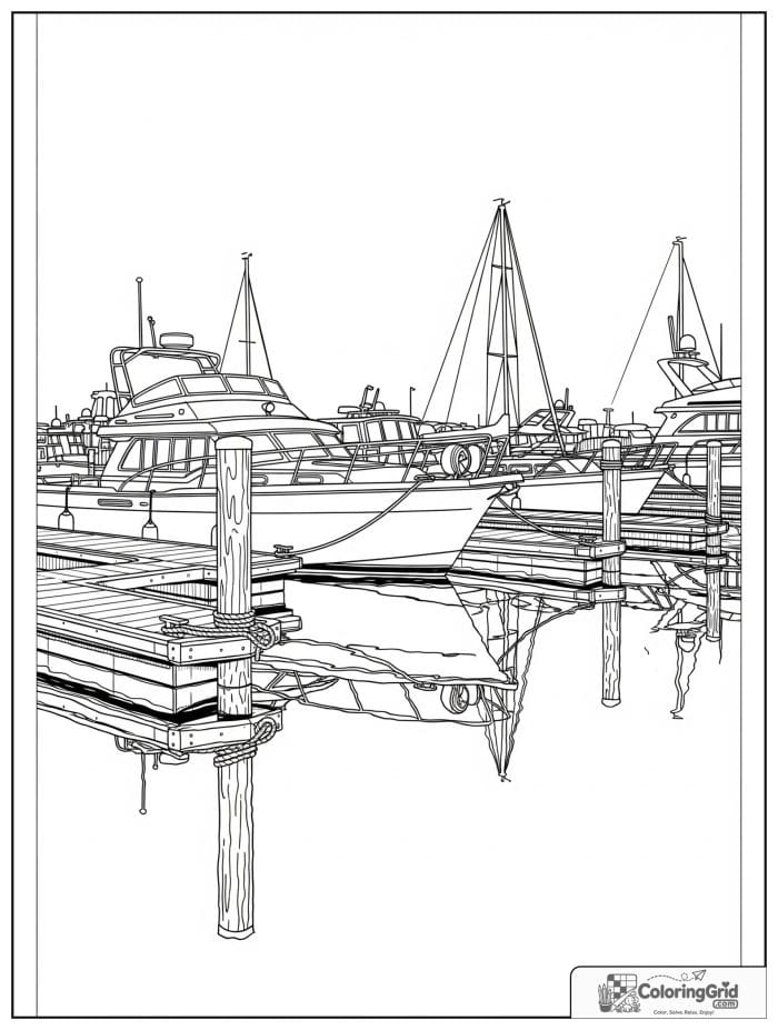 Boat coloring page featuring a boat in a marina.