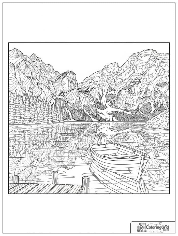 Boat coloring page featuring a small boat on a mountain lake.