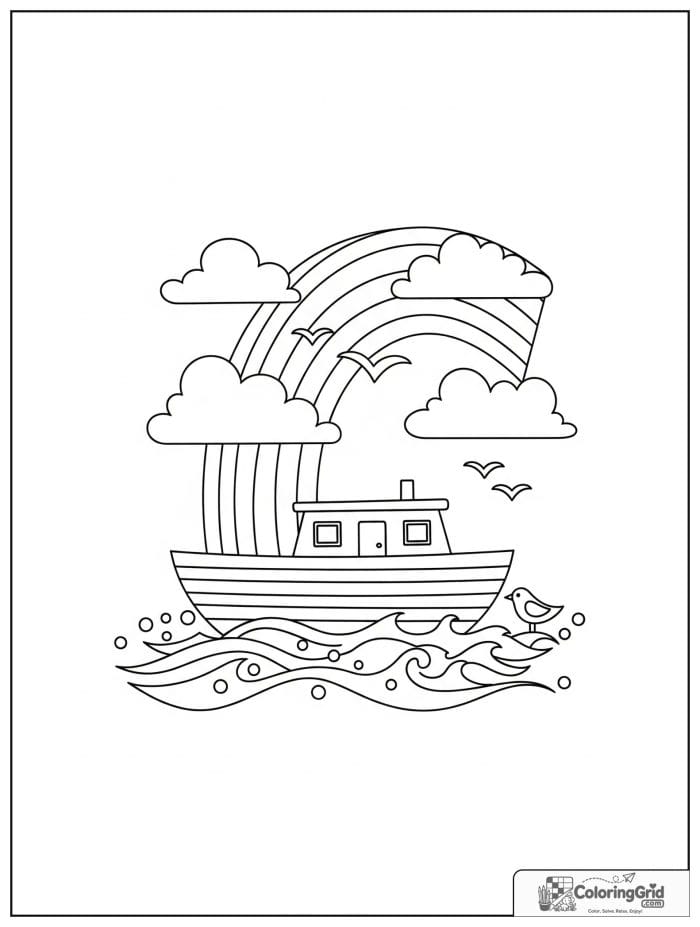 Boat coloring page featuring a simple boat under a rainbow.