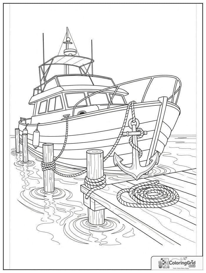 Boat coloring page featuring a docked boat with anchor and rope.