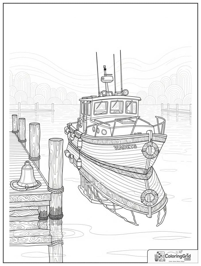 Boat coloring page featuring a cabin boat in a foggy harbor.