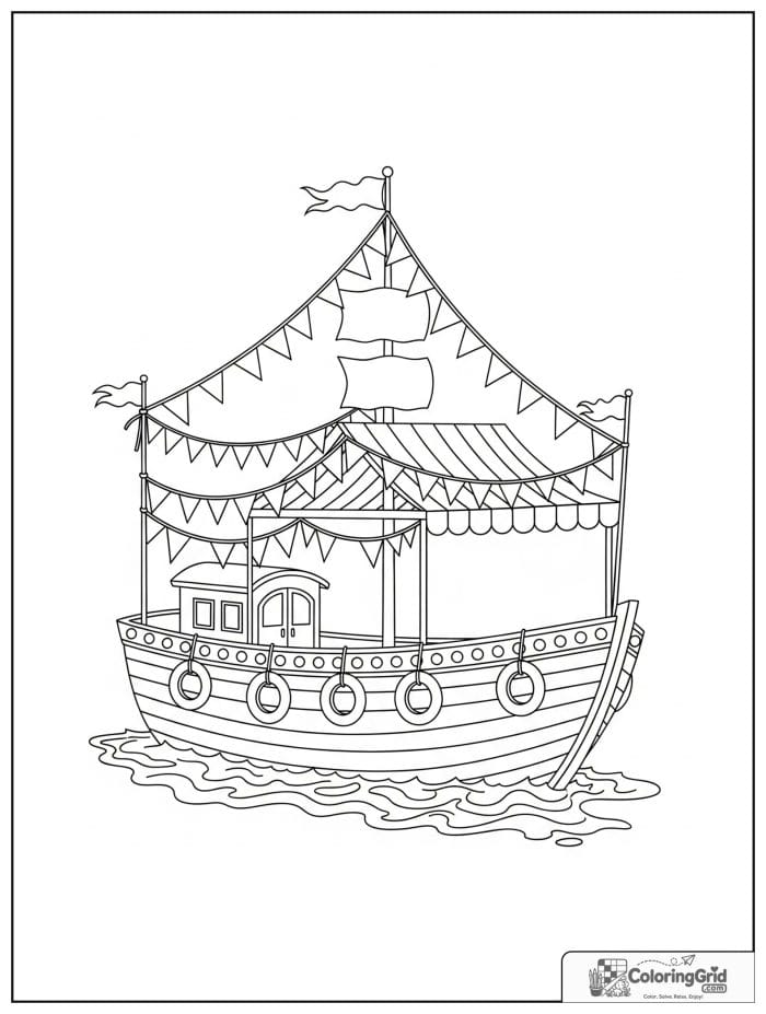 Boat coloring page featuring a festive decorated boat.