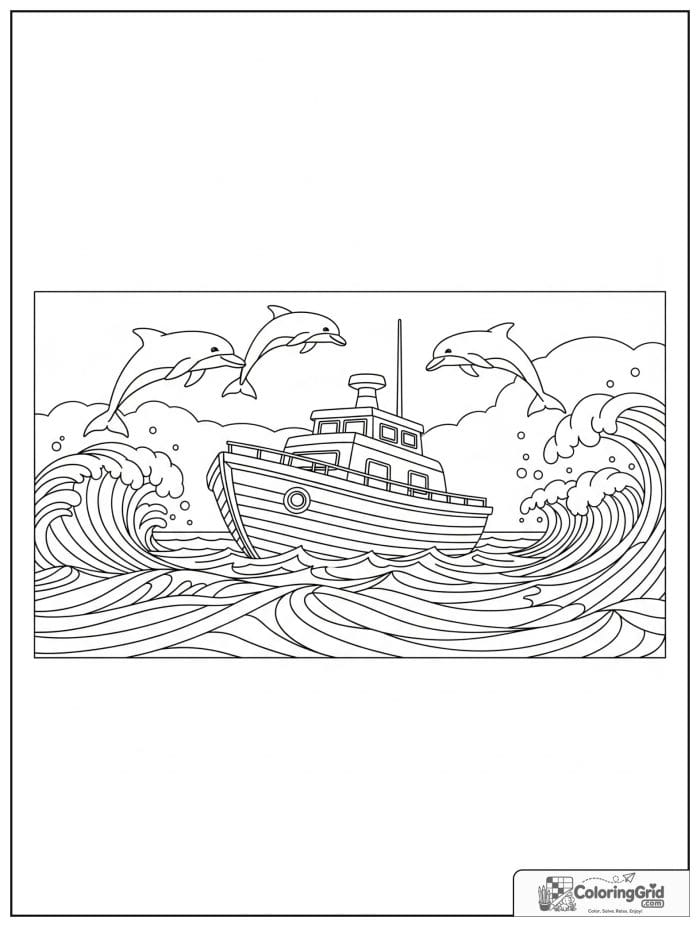 Boat coloring page featuring a small ocean boat with dolphins nearby.