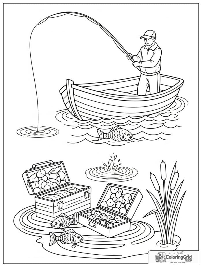 Boat coloring page featuring a fisherman casting a line from a small boat.