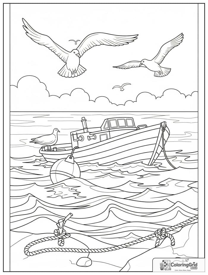 Boat coloring page featuring a coastal boat with seagulls and buoy.