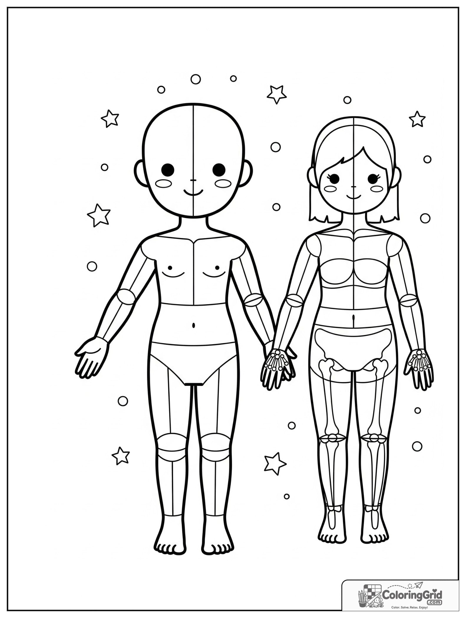 Cute body outline divided into simple sections with small dot details.