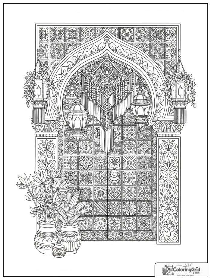 Boho coloring page featuring an arched doorway with plants.