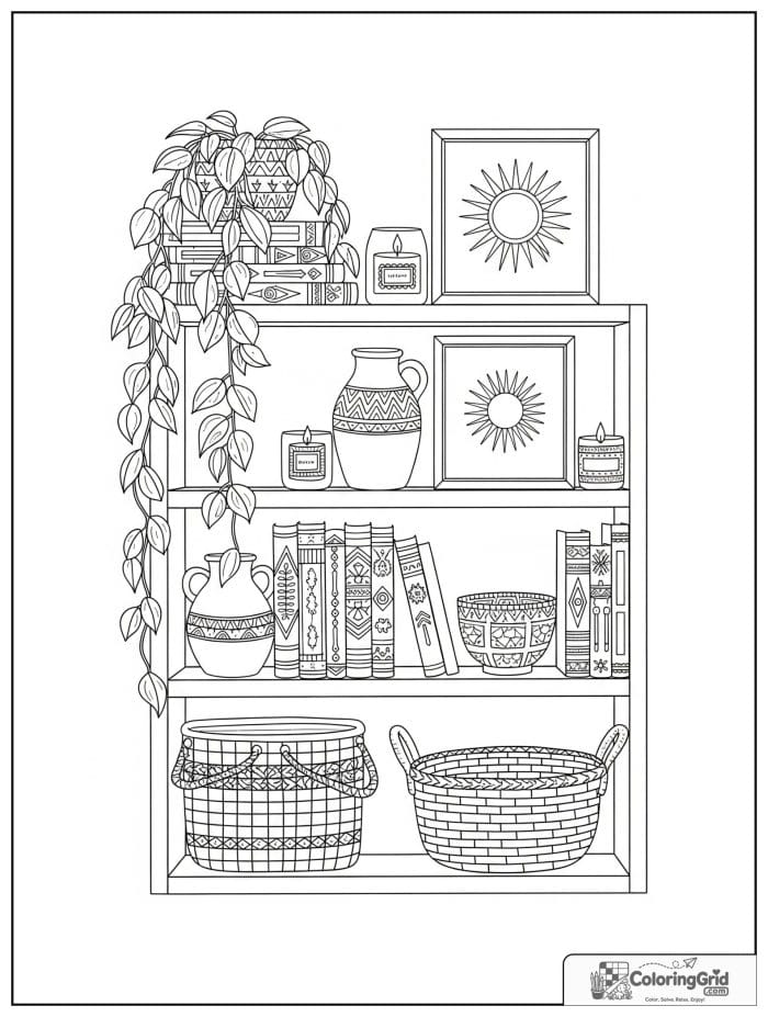 Boho coloring page featuring a bookshelf with plants and decor.