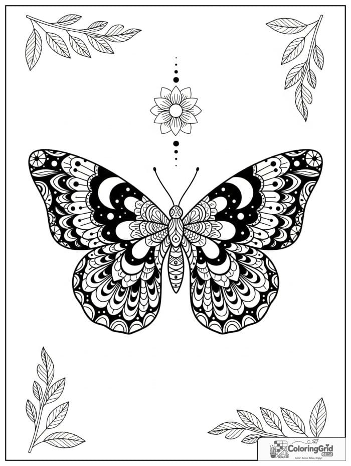 Boho coloring page featuring a patterned butterfly.