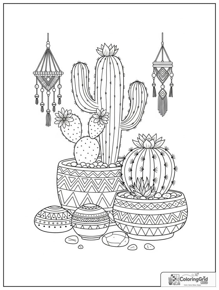 Boho coloring page featuring cactus plants in patterned pots.