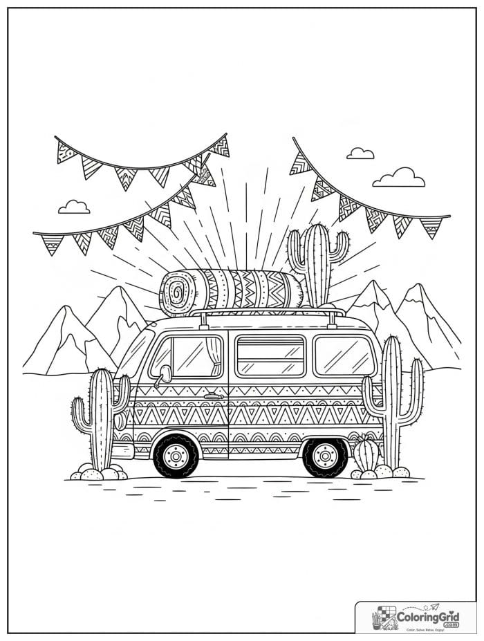 Boho coloring page featuring a camper van in the desert.