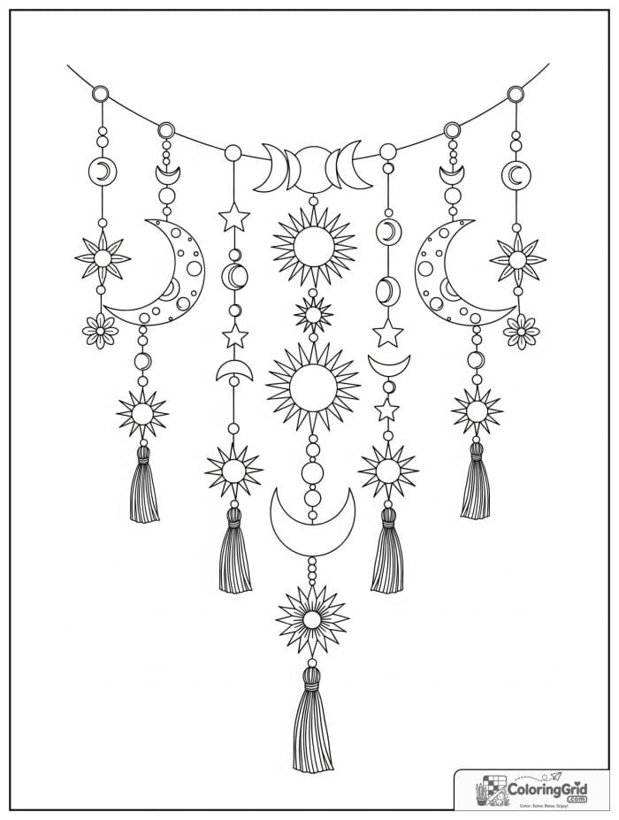 Boho coloring page featuring a celestial garland.