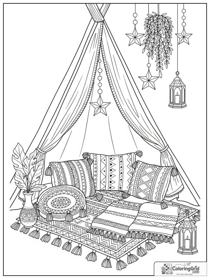 Boho coloring page featuring a cozy tent nook with pillows.