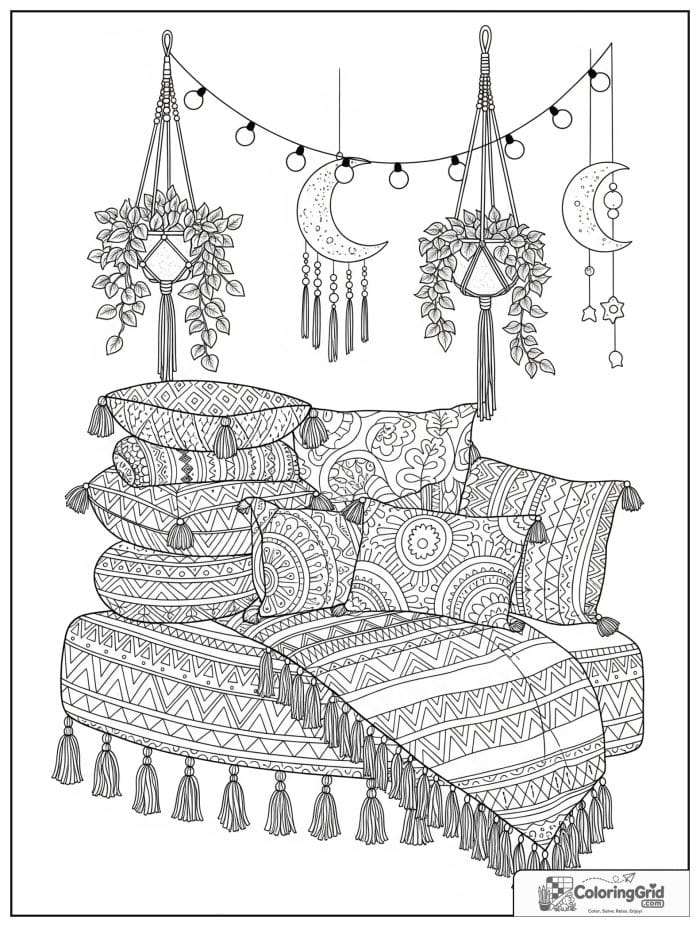 Boho coloring page featuring a cozy bedroom nook.