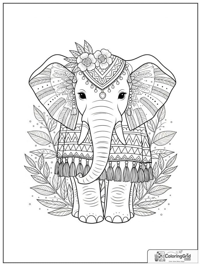 Boho coloring page featuring an elephant with a patterned blanket.