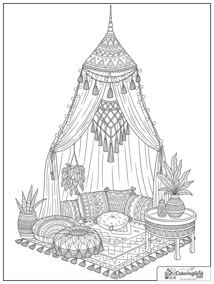 Boho coloring page featuring a fairy light canopy with pillows.