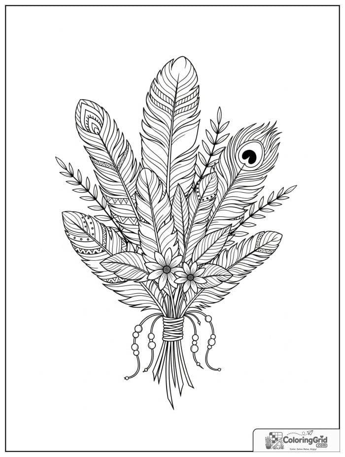 Boho coloring page featuring a bouquet of patterned feathers.