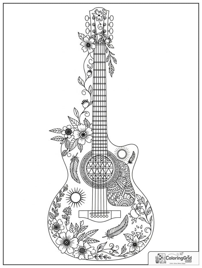 Boho coloring page featuring a floral acoustic guitar.
