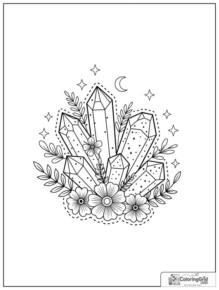 Boho coloring page featuring gemstones with flowers and stars.