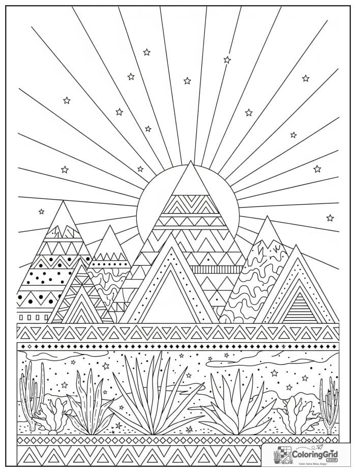 Boho coloring page featuring geometric mountains and sun rays.