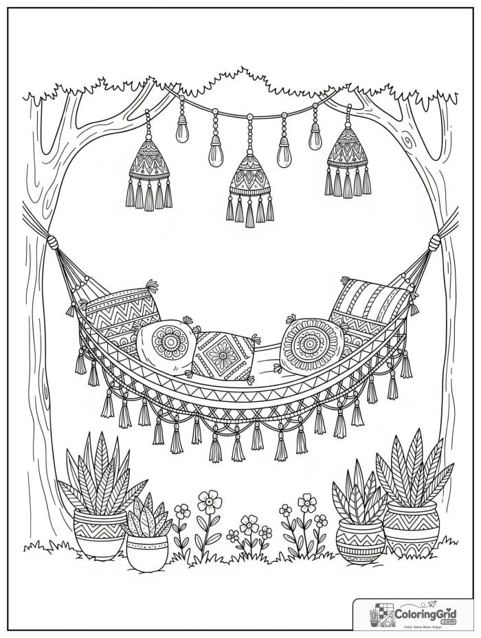 Boho coloring page featuring a hammock in a garden.
