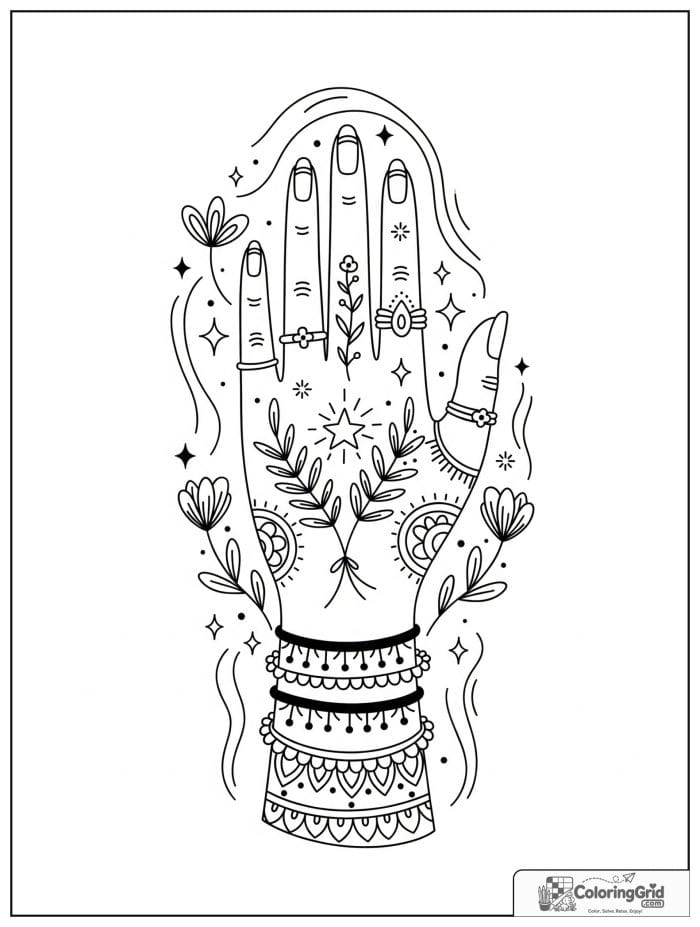 Boho coloring page featuring a decorated hand with florals.