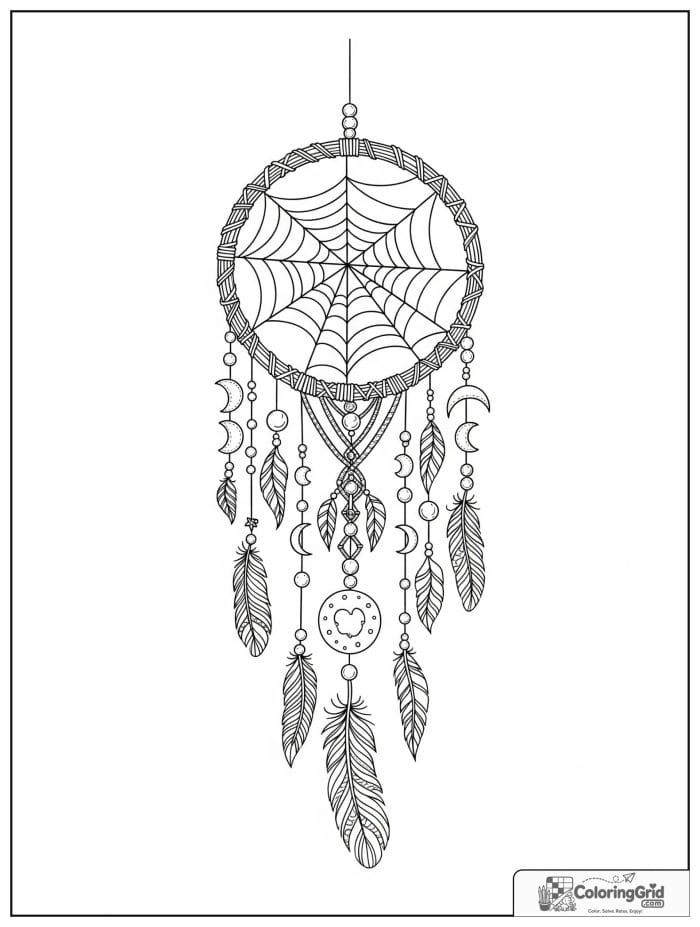 Boho coloring page featuring a hanging hoop with feathers and beads.