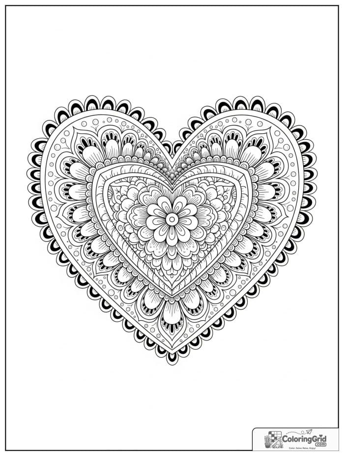 Boho coloring page featuring a heart-shaped mandala.