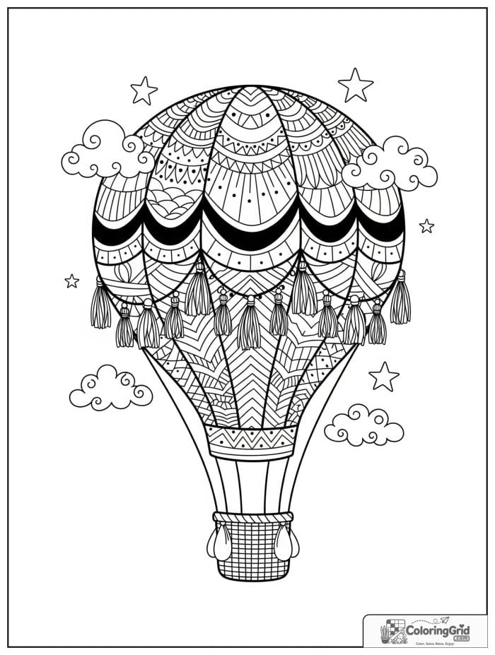 Boho coloring page featuring a patterned hot air balloon.
