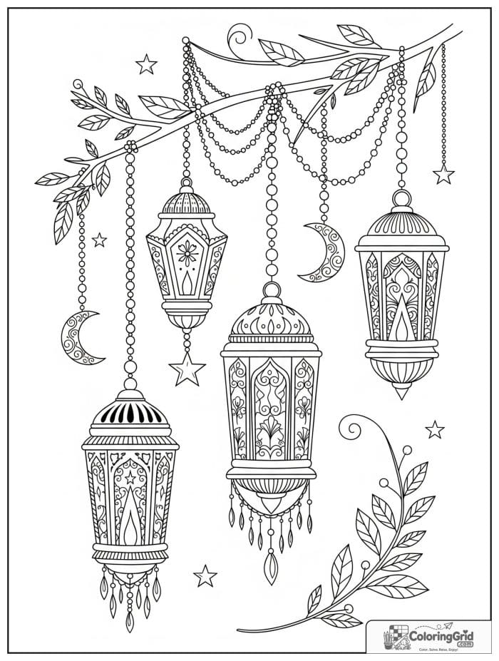 Boho coloring page featuring hanging lanterns and stars.