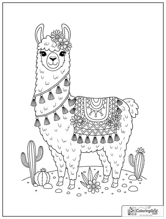 Boho coloring page featuring a llama with a patterned blanket.