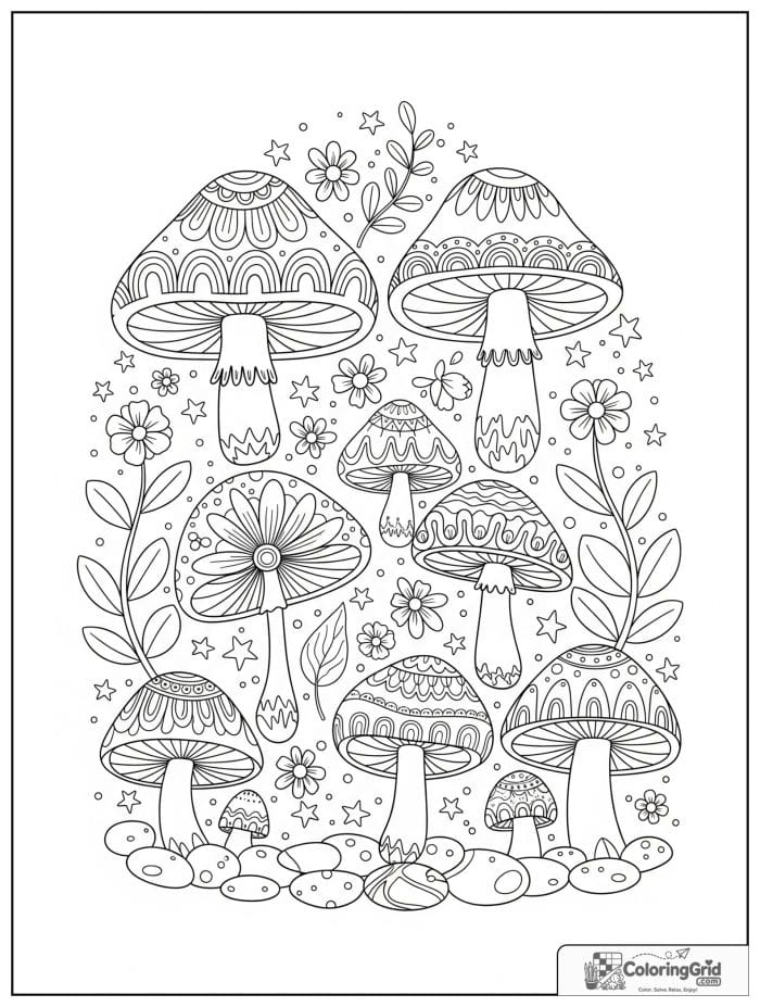 Boho coloring page featuring mushrooms and wildflowers.