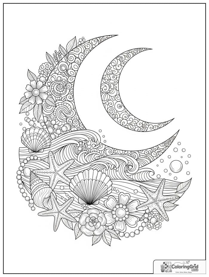 Boho coloring page featuring seashells, moon, and waves.