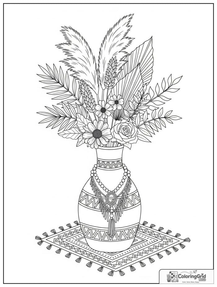 Boho coloring page featuring a vase with pampas grass.
