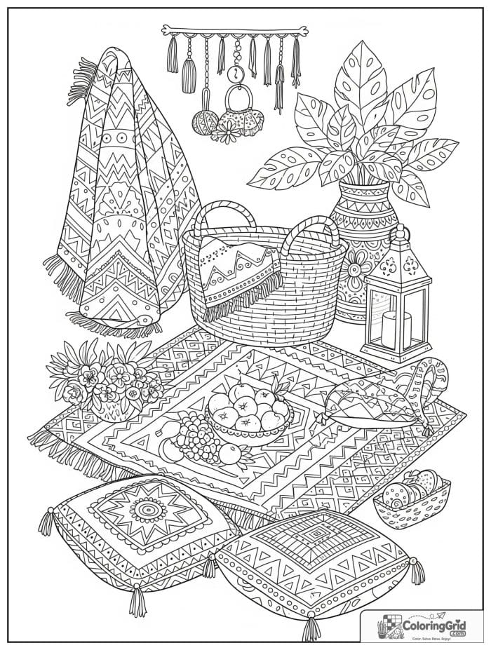 Boho coloring page featuring a picnic blanket and basket.