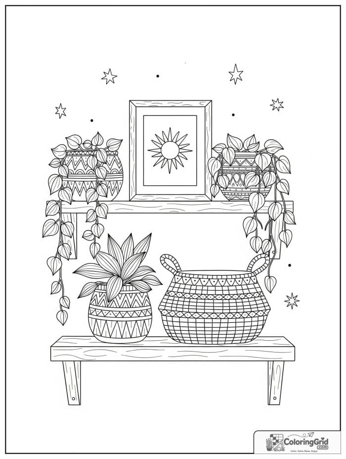 Boho coloring page featuring a shelf of plants and decor.