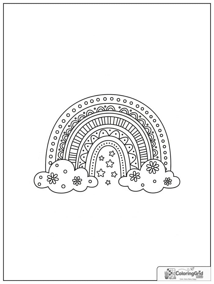 Boho coloring page featuring a rainbow with clouds and stars.