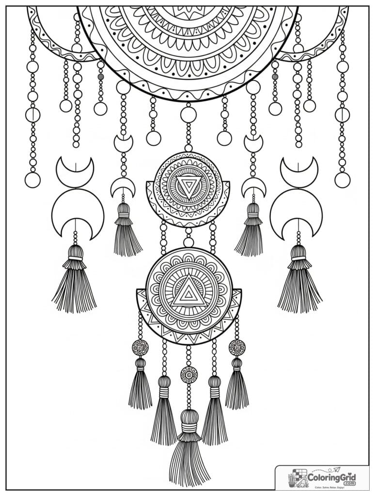 Boho sacred geometry mandala with bead arcs and zentangle tassels