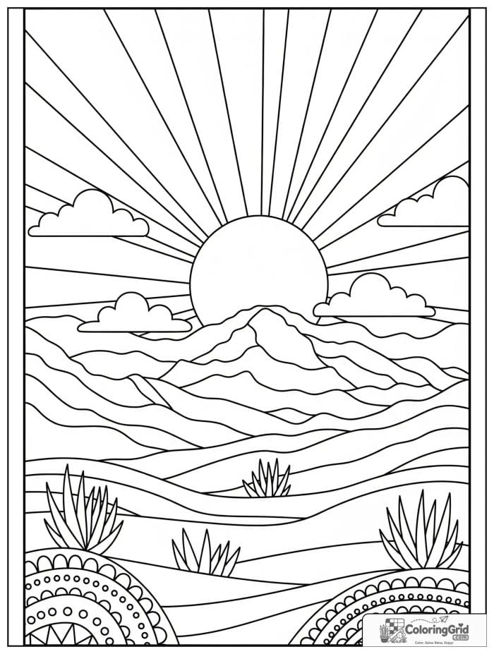 Boho coloring page featuring a sunburst mountain landscape.