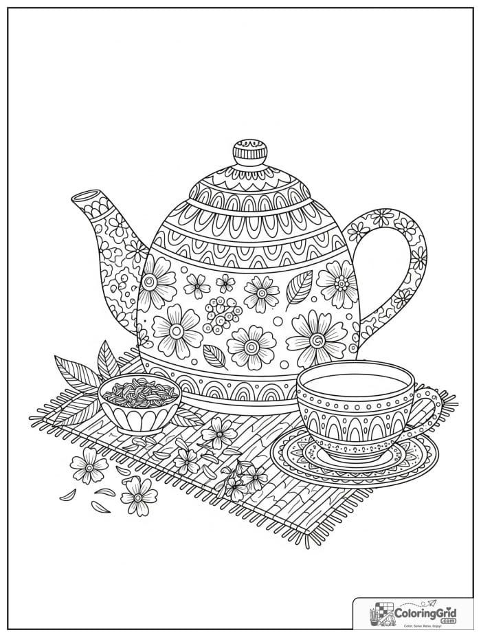 Boho coloring page featuring a teapot with flowers.