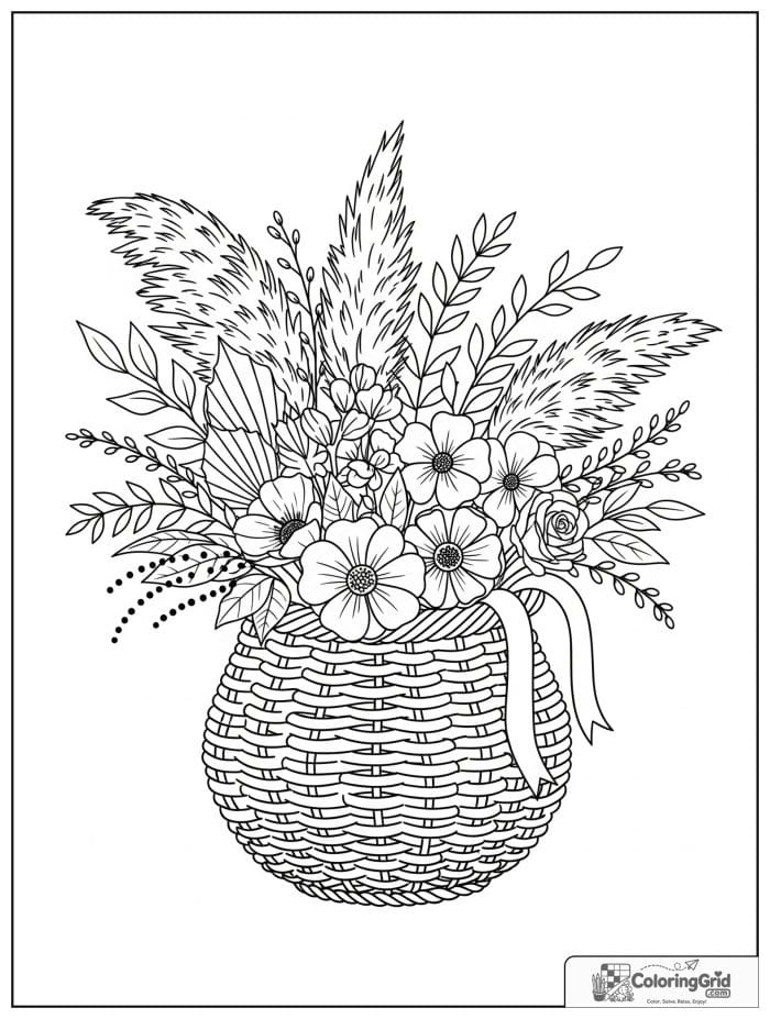 Boho coloring page featuring a wicker basket of flowers.