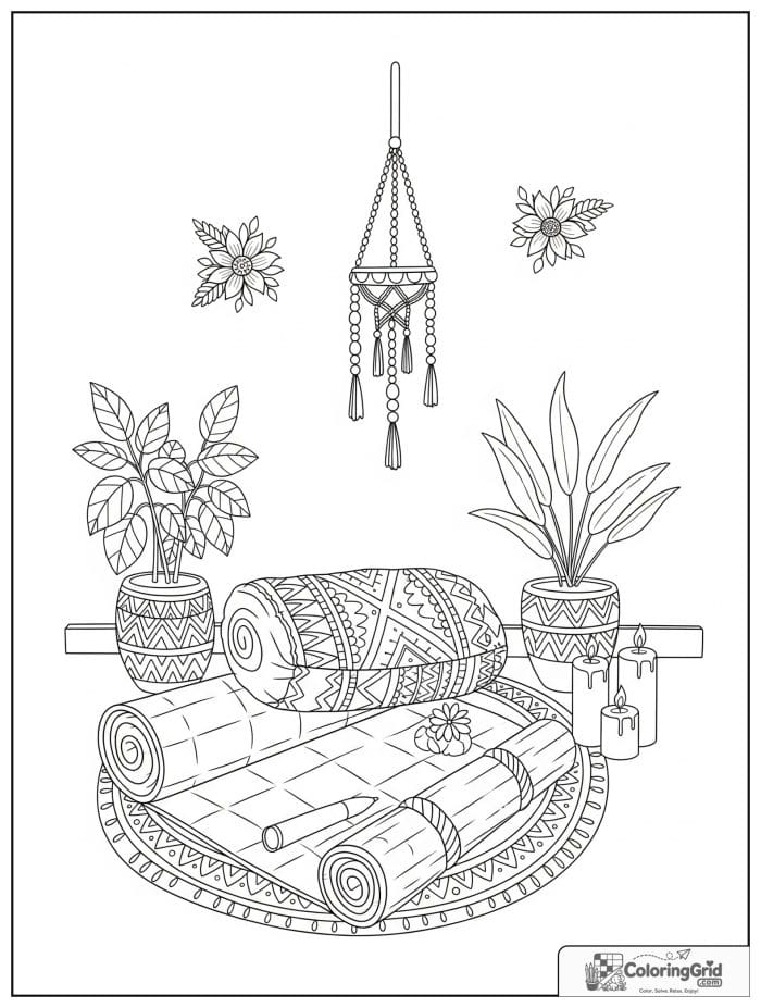 Boho coloring page featuring a yoga corner with plants.