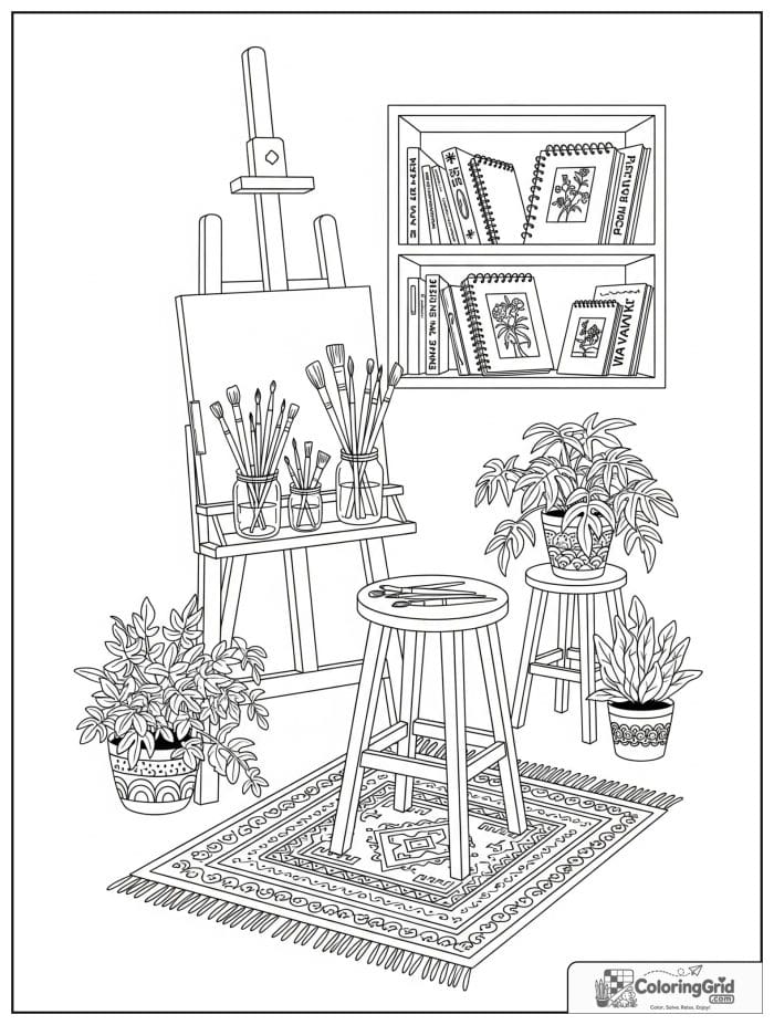 Bold and cozy adult artist studio with easel, brushes, and plants.