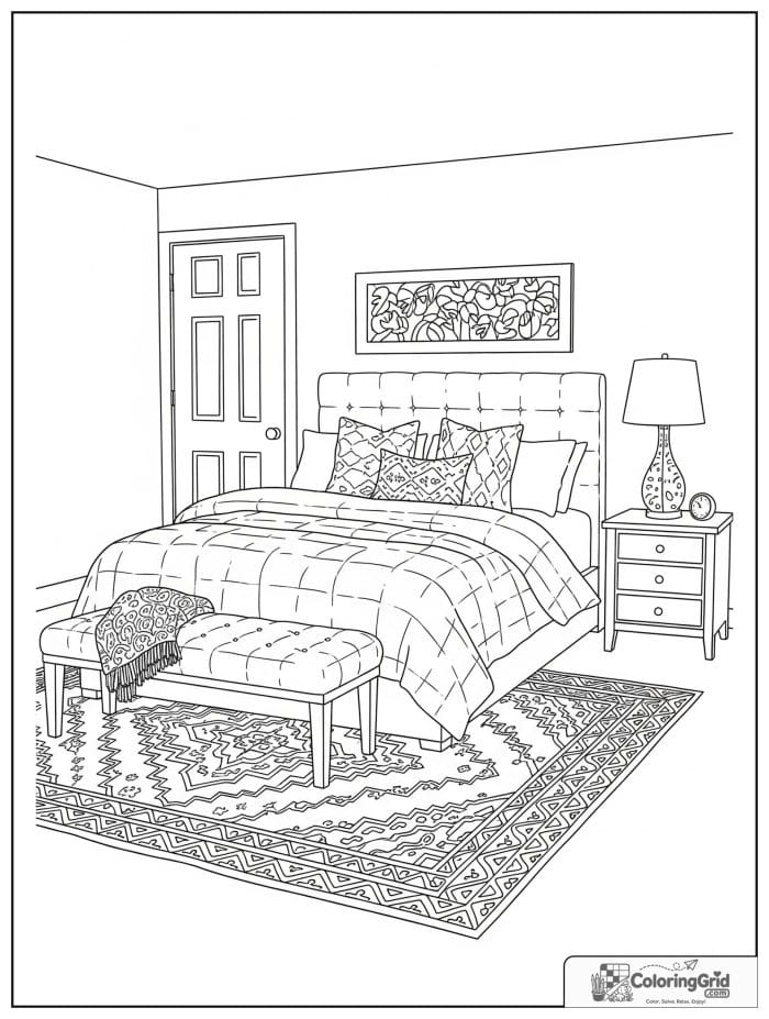 Bold and cozy adult bedroom with chunky quilt, bench, and patterned rug.