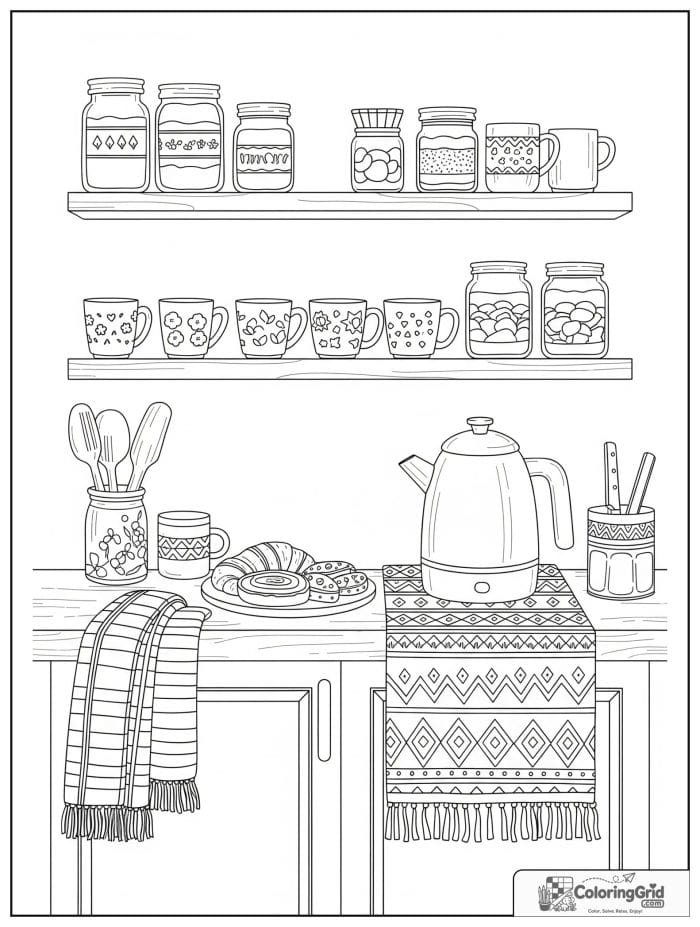 Bold and cozy adult coffee bar with mugs, pastries, and shelves of jars.