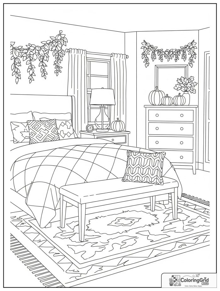 Bold and cozy fall bedroom with chunky quilt, pumpkins, and leaf garlands.