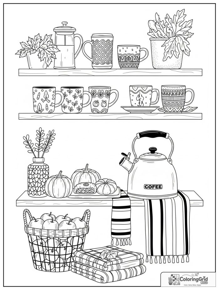 Bold and cozy fall coffee station with mugs, apples, and pastries.