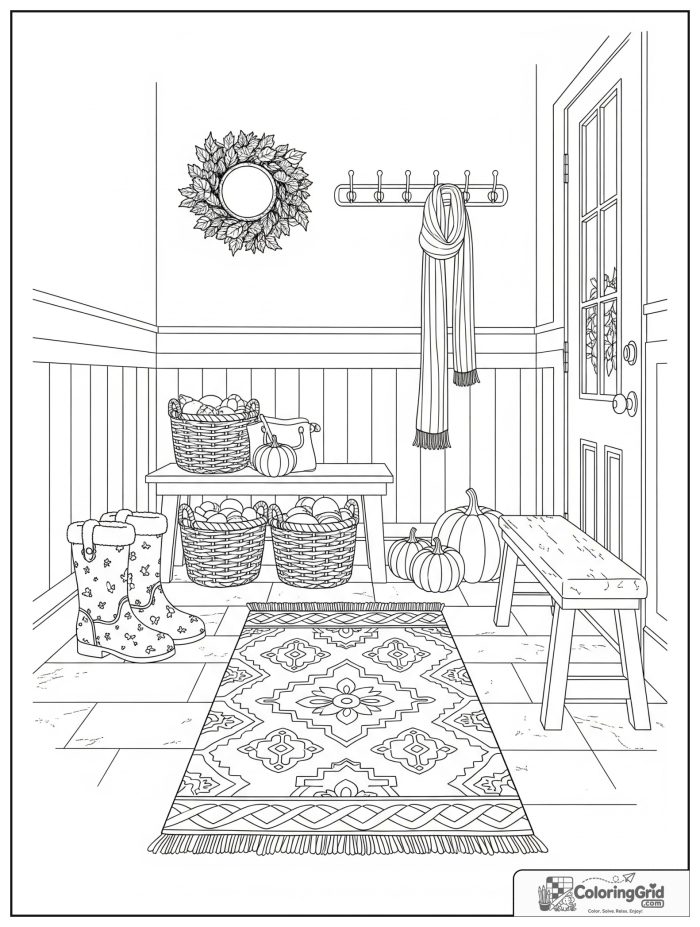 Bold and cozy fall entryway with boots, pumpkins, baskets, and bench.