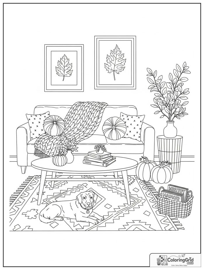 Bold and cozy fall living room with dog, pumpkins, and patterned rug.